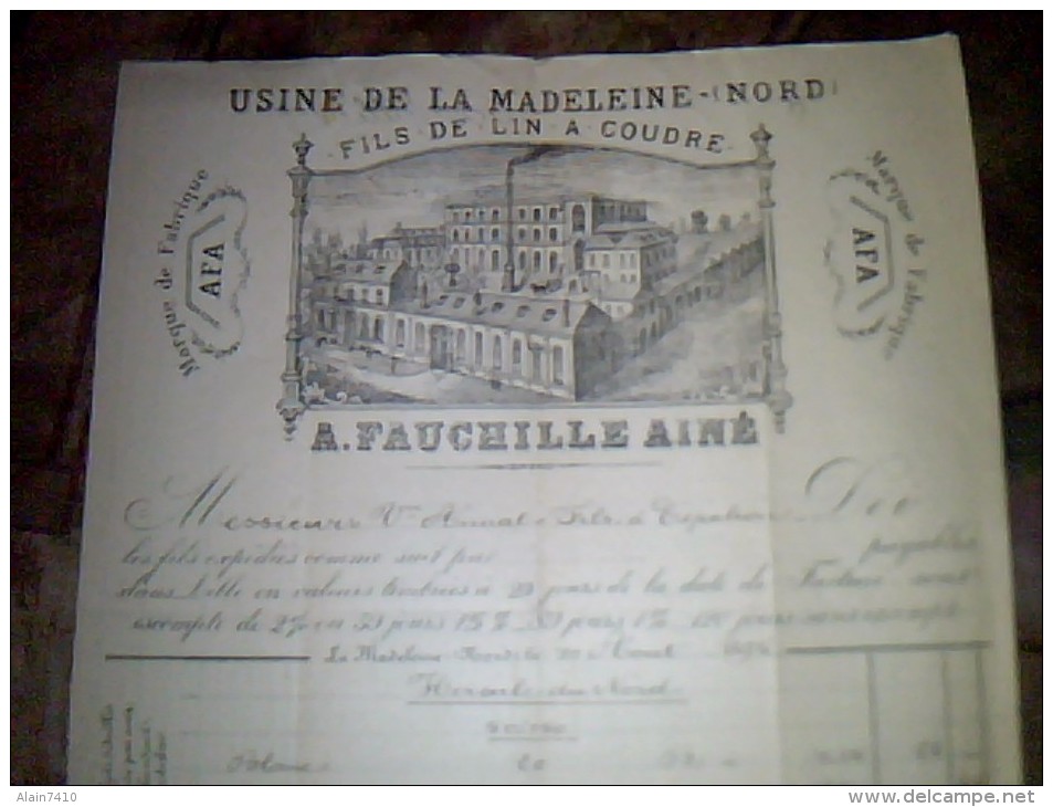 Vieux Papiers A Entete Facture  Fil De Lin A Coudre Usine De La Madeleine Fauchille Aine Nord Annee 1895 - Autres & Non Classés