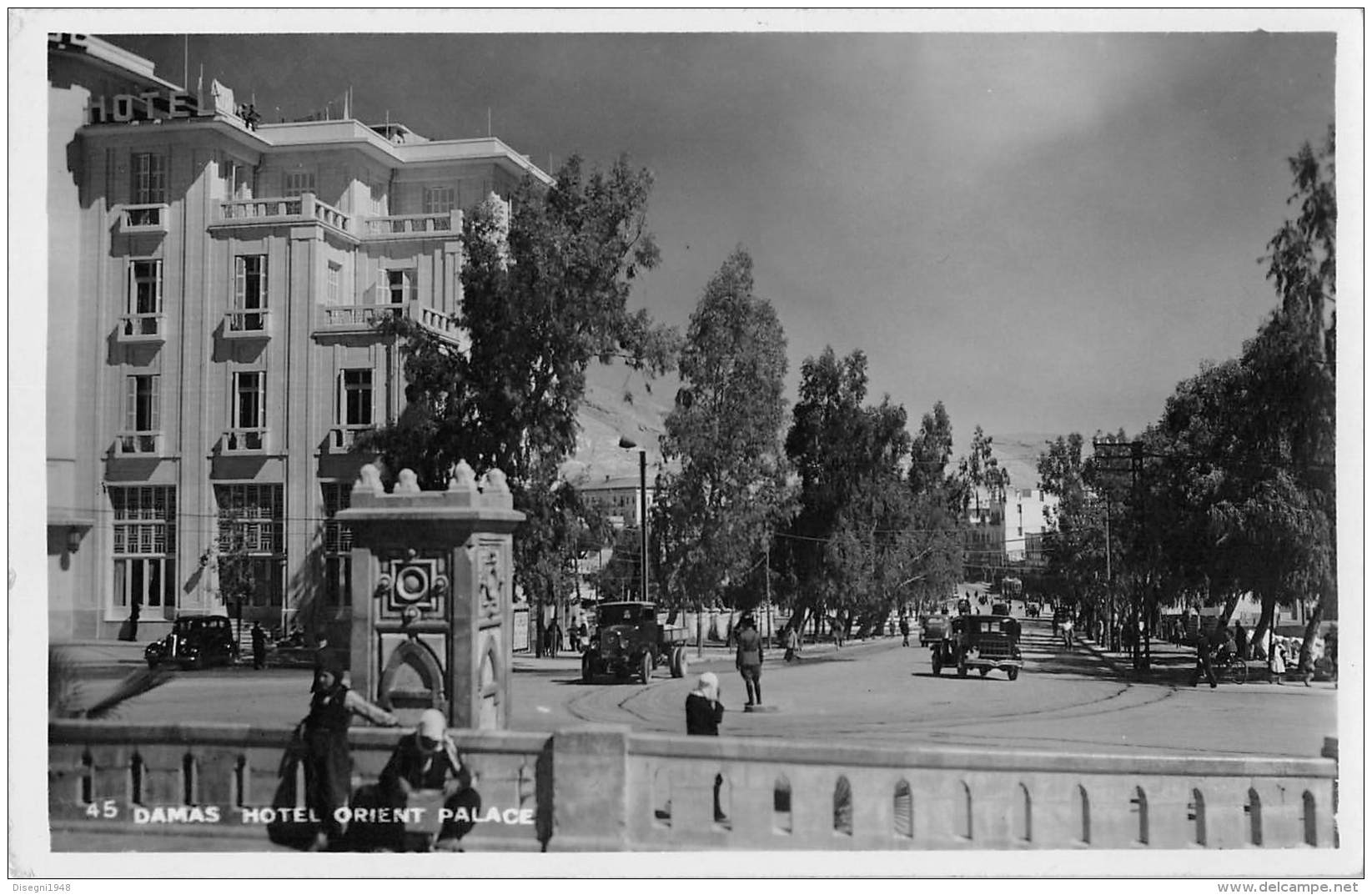 05557 "SIRIA - DAMASCO - DAMAS - HOTEL ORIENT PALACE" ANIMATA - AUTO ANNI '30. CART. POST. ORIG. NON SPEDITA. - Syrie