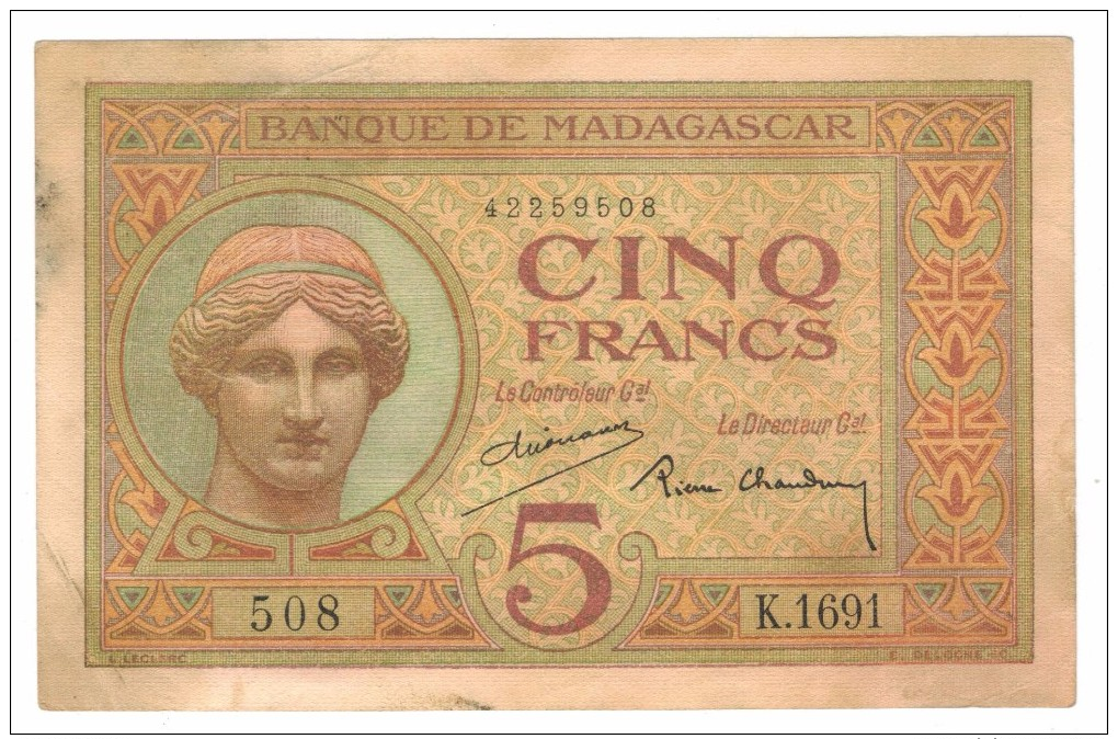 Madagascar , 5 Fr.  1937,  VF+.  Free Ship. To USA. - Madagascar