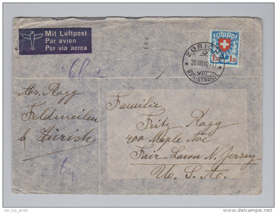 Schweiz 1940-08-20 Flugpostbrief Nach Jersey USA Mit Fr.1.50 Einzelfr.Zu#165z - Briefe U. Dokumente