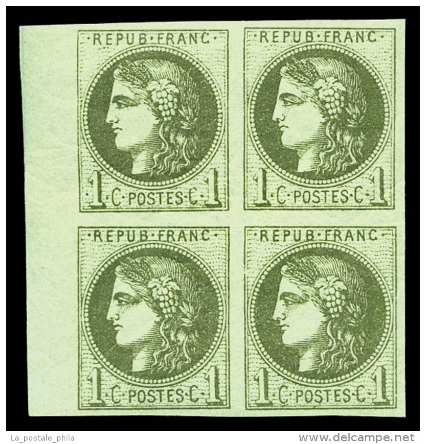 ** N°39Ab, 1c Olive Foncé Report I (1er ètat), Bloc De 4, Bdf Latéral Gauche,... - 1870 Emission De Bordeaux