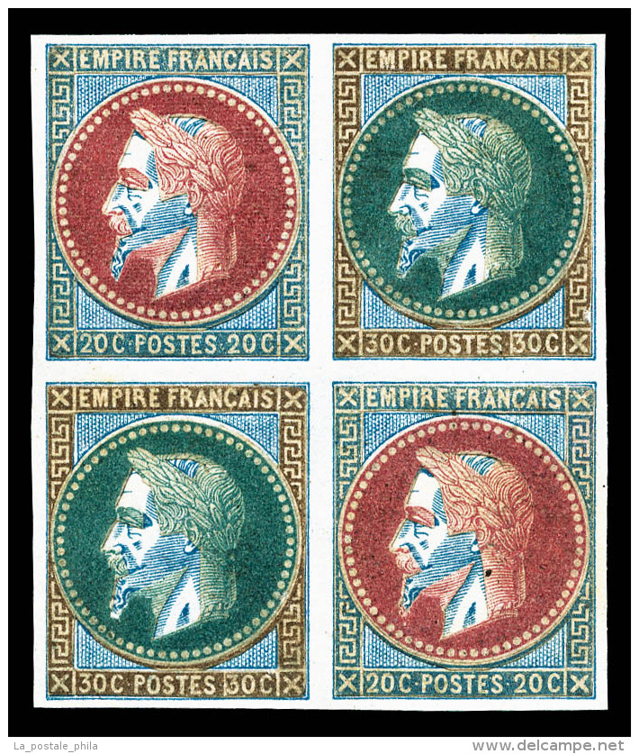 (*) N°29/30, 20 Et 30 Centimes, Coussinet D'impression En Bloc De Quatre, Superbe (certificat)   ... - 1862 Napoléon III.
