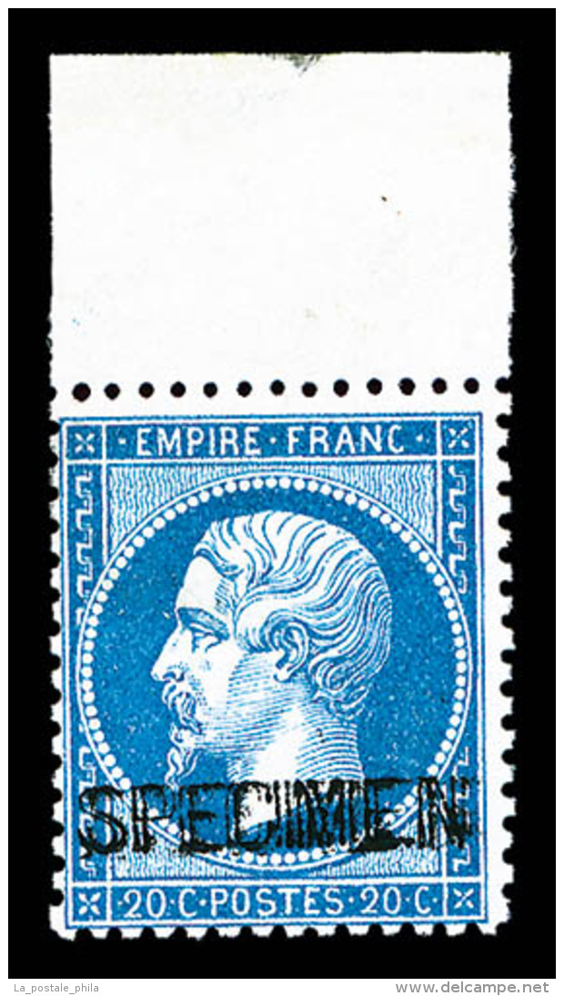 ** N°22d, 20c Bleu: Double Surcharge 'SPECIMEN', Haut De Feuille, FRAÎCHEUR POSTALE, SUP (signé... - 1862 Napoléon III