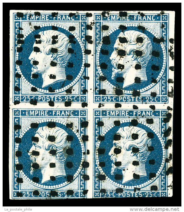 O N°15, 25c Bleu En Bloc De Quatre Oblitération Gros Points, Un Exemplaire Touché Mais Belle... - 1853-1860 Napoléon III