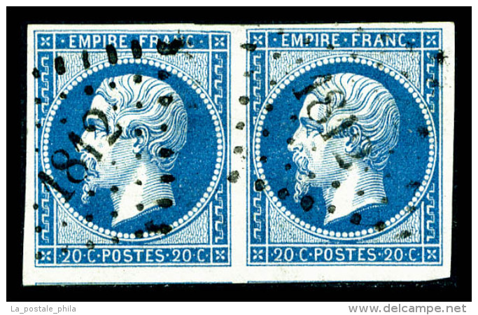 O N°14Ba, 20c Bleu Sur Vert Type II En Paire Horizontale, Très Jolie Pièce, TTB (signé... - 1853-1860 Napoléon III.