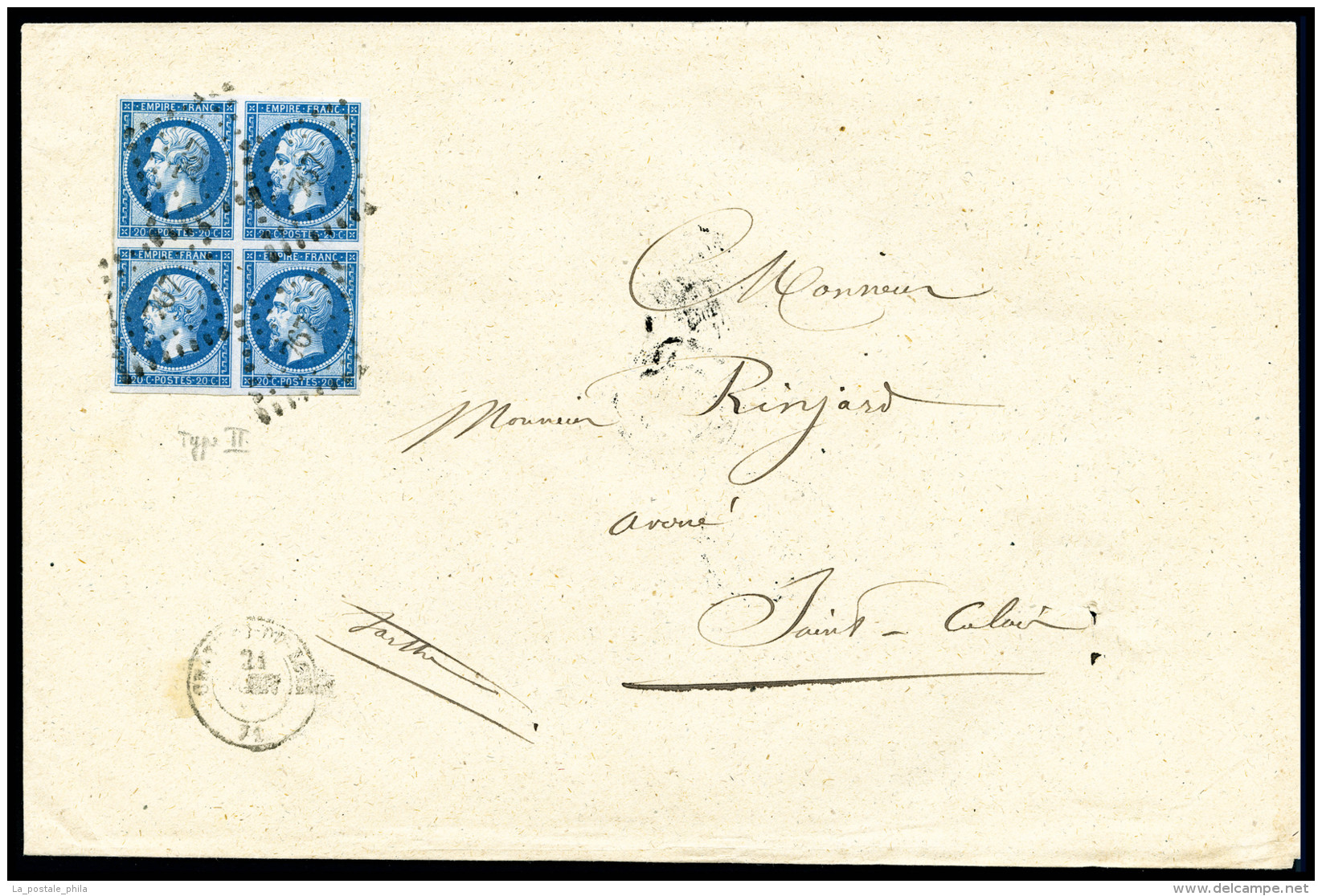 O N°14B, 20c Bleu Type II En Bloc De Quatre Sur Lettre, TTB (certificat)    Qualité : O    Cote : 880... - 1853-1860 Napoléon III.