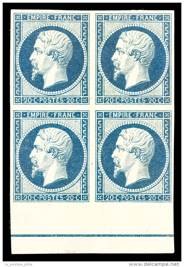 ** N°14Ai, 20c Bleu Laiteux Bord De Feuille Inférieur Avec Liseret D'encadrement (2ex*), Fraîcheur... - 1853-1860 Napoléon III.