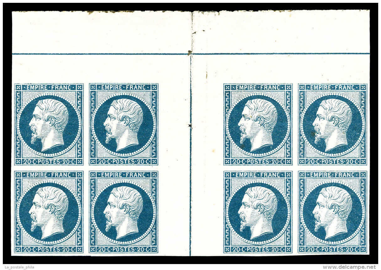 ** N°14Ai, 20c Bleu Laiteux En Bloc De Huit Avec Double Filet D'encadrement En Marge Centrale, Fraîcheur... - 1853-1860 Napoléon III