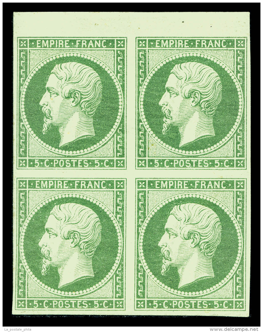 * N°12, 5c Vert En Bloc De Quatre Haut De Feuille, Très Jolie Couleur, R.R. SUPERBE (signé... - 1853-1860 Napoléon III.