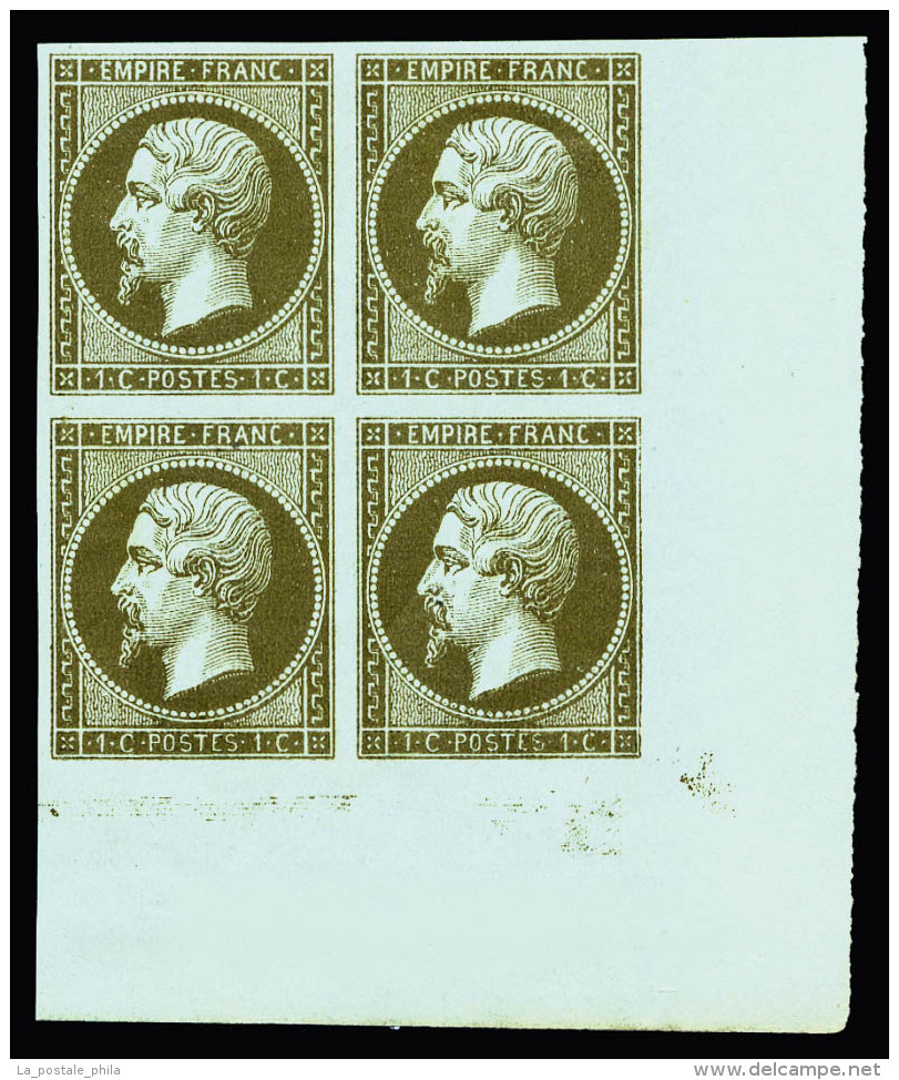 ** N°11c, 1c Mordoré En Bloc De Quatre Coin De Feuille, FRAÎCHEUR POSTALE, SUPERBE (certificat)   ... - 1853-1860 Napoléon III.