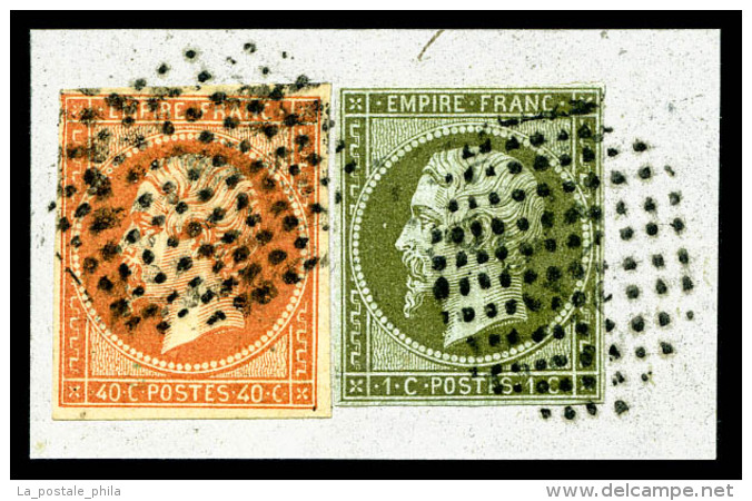 O 1c Olive + 40c Orange (N°16) Obl Cercle De Points Sur Petit Fragment, R.R. (signé Brun/certificat)   ... - 1853-1860 Napoléon III