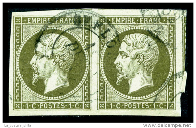 O N°11, 1c Olive En Paire, Grandes Marges, Quatre Voisins, SUP (certificat)    Qualité : O - 1853-1860 Napoléon III