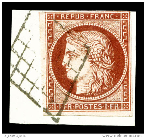 O N°6A, 1f Rouge-brun Sur Petit Fragment Obl Grille, TB, R.R. (certificat)    Qualité : O    Cote : 2700... - 1849-1850 Cérès