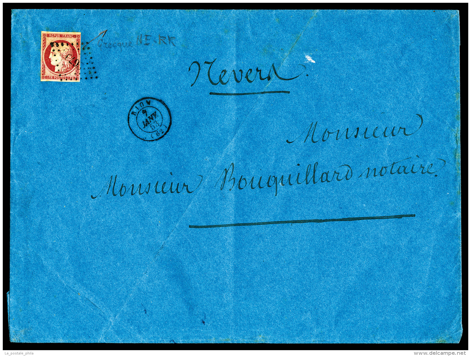 O N°6, 1F Carmin Foncé Sur Lettre De RIOM Du 7 Janv 53 Pour Nevers, TB (certificat)    Qualité :... - 1849-1850 Ceres