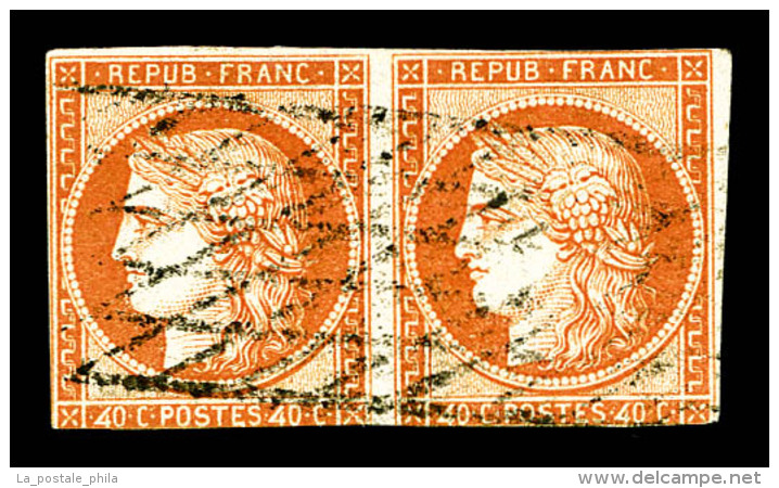 O N°5f, 40c Orange, '4' Retouché En Paire Case 146 Et 147, Filet Du Bas Touché. R.R.... - 1849-1850 Cérès
