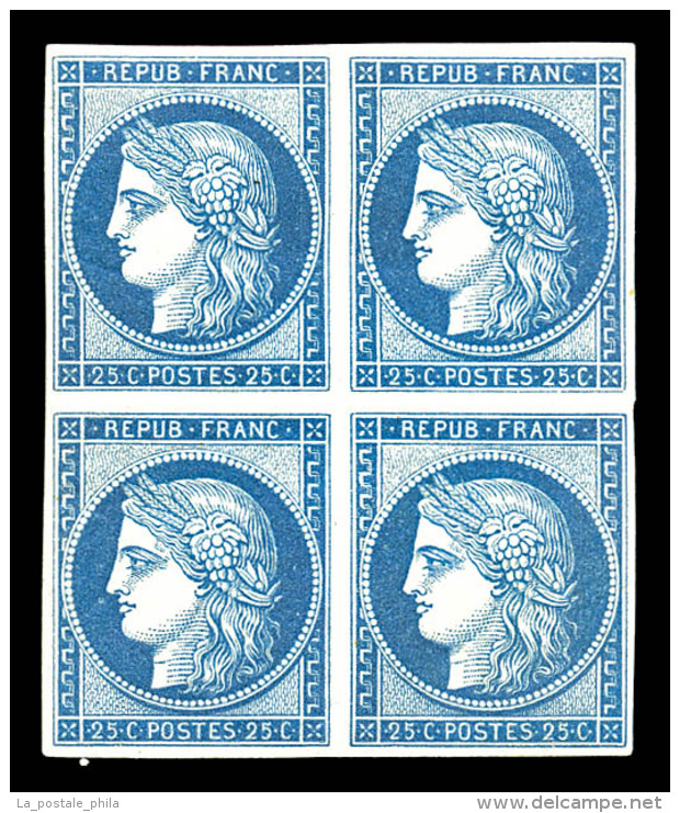 ** N°4d, 25c Bleu, Impression De 1862 En Bloc De Quatre (2ex*), Fraîcheur Postale, R. SUP (certificat)   ... - 1849-1850 Ceres