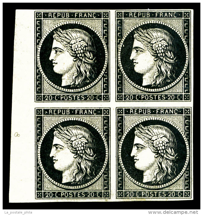 ** N°3h, 20c Noir Intense En Bloc De Quatre Bord De Feuille Latéral (2ex*), R.R. SUPERBE (signé... - 1849-1850 Ceres