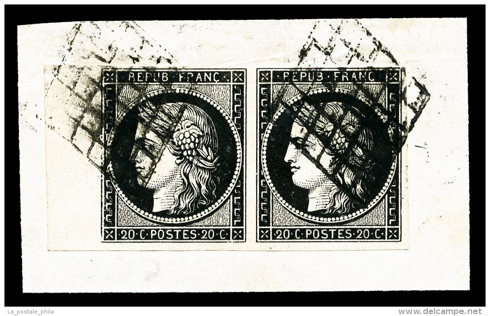 O N°3, 20c Noir Sur Jaune En Paire Horizontale, Bord De Feuille Latéral Gauche, Jolie Pièce... - 1849-1850 Ceres