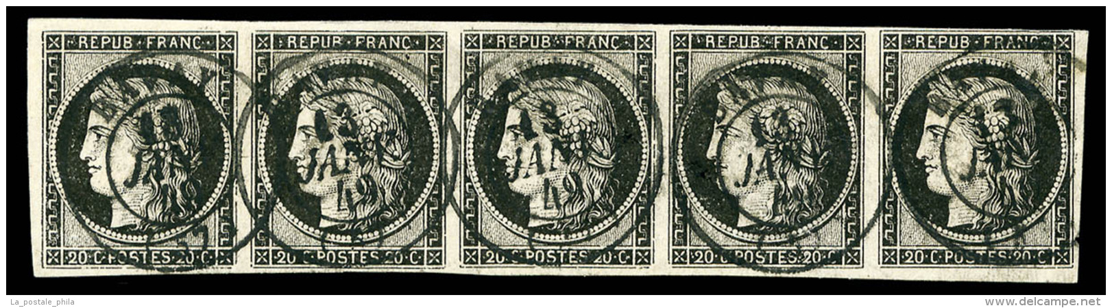 O N°3, 20c Noir, Bande De Cinq, Oblitération Cachet à Date Type 15 De BAVAY Du 13 Janvier 1849,... - 1849-1850 Ceres