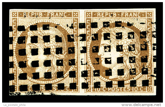 O N°1a, 10c Bistre-brun En Paire Horizontale, Oblitération Gros Points Carrés, Jolie Pièce... - 1849-1850 Ceres