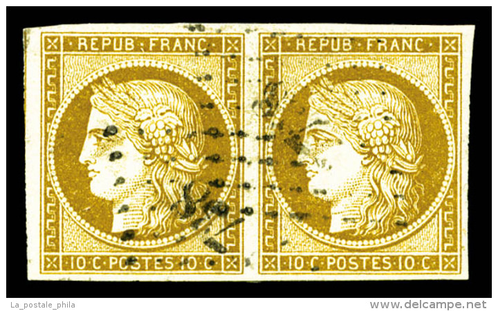 O N°1, 10c Bistre-jaune En Paire Horizontale Obl PC '738', Jolie Pièce, TTB (signé... - 1849-1850 Ceres