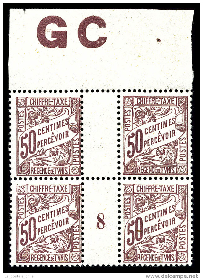 ** N°32, 50c Brun-rouge En Bloc De Quatre Millésime '8' Avec Manchette GC, TB    Qualité : **   ... - Timbres-taxe