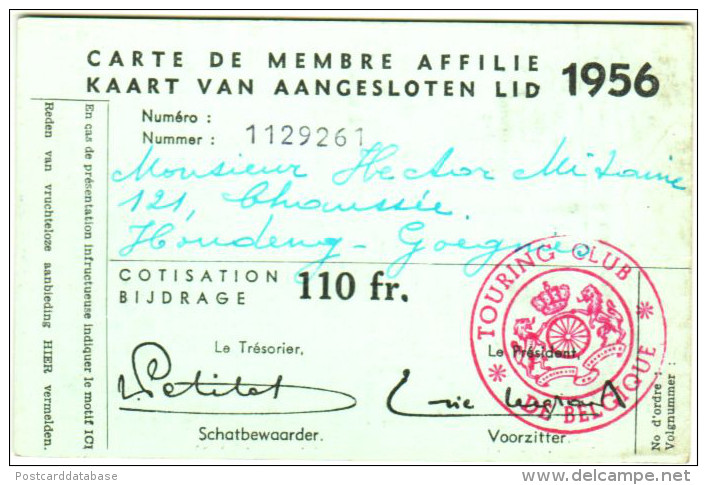 Kaart Van Aangesloten Lid 1956 - Touring Club De Belgique - Documenti Storici