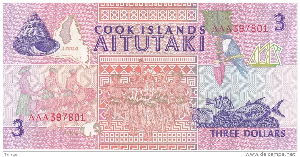 BILLETE DE LA ISLA COOK DE 3 DOLLARS DEL AÑO 1992 SIN CIRCULAR-UNCIRCULATED (BANKNOTE) CARACOLA-SEA SHELL - Cook