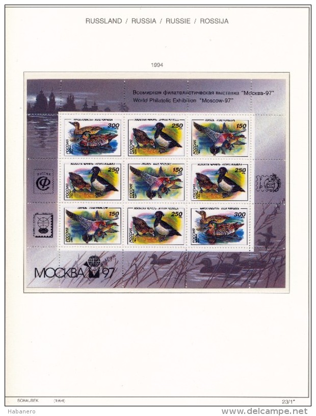 RUSSIA - 1994 COMPLETE COLLECTION OF STAMPS, BLOCKS & SHEETS ON 17 SCHAUBEK ALBUMSHEETS - MNH **