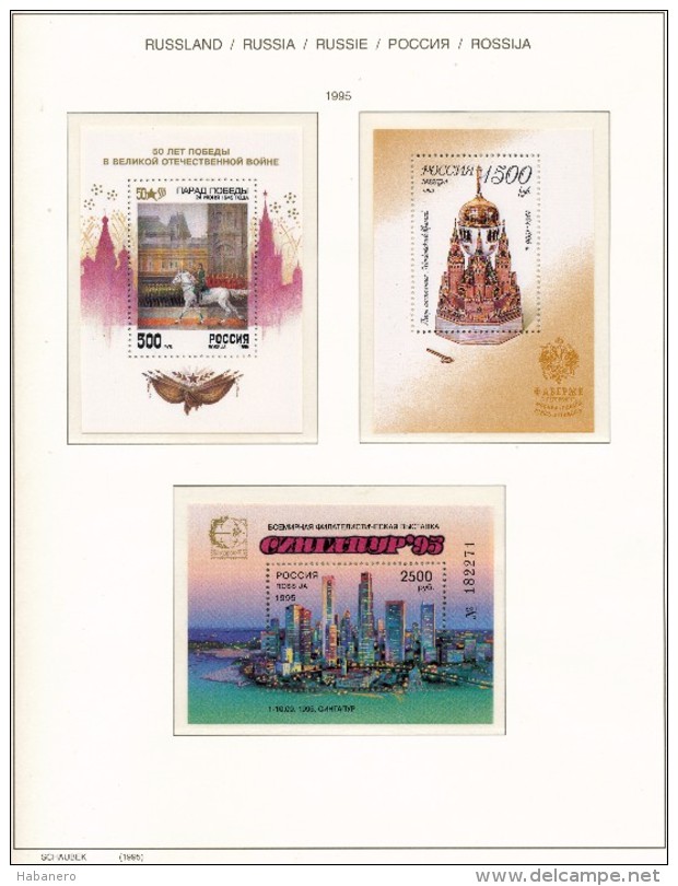 RUSSIA - 1995 COMPLETE COLLECTION OF STAMPS, BLOCKS & SHEETS ON 19 SCHAUBEK ALBUMSHEETS - MNH **