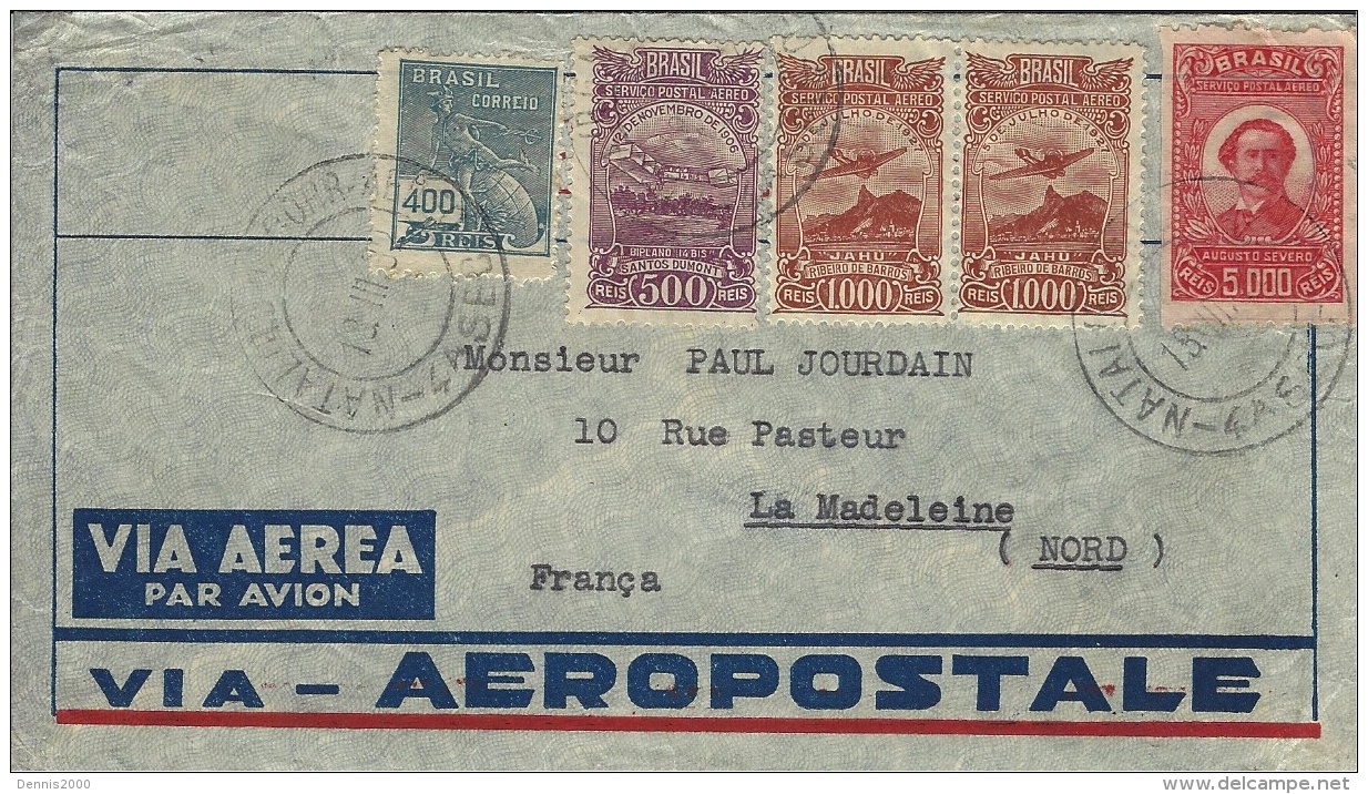 1932- Enveloppe  De S. LUIZ  Par Avion Pour La France (Aéropostale) Affr. à 7900 Reis - Lettres & Documents