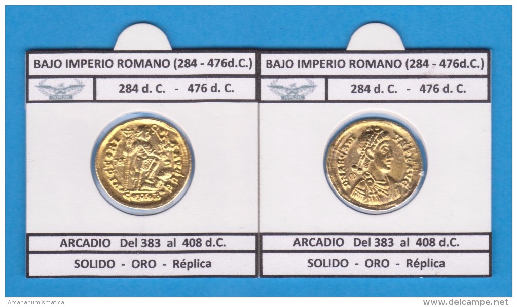 BAJO Imperio Romano ARCADIO Del 383 Al 408 D.C. SOLIDO ORO Réplica  SC T-DL-11.761 - Monedas Falsas