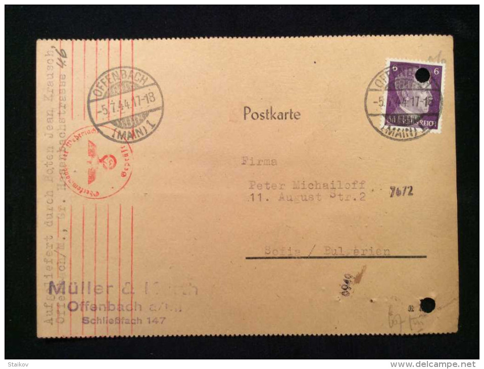 RARE OLD VINTAGE POSTCARD GERMANY WWII 1944 GG CENSORED RED SEAL OFFENBACH 7672 - Offenbach