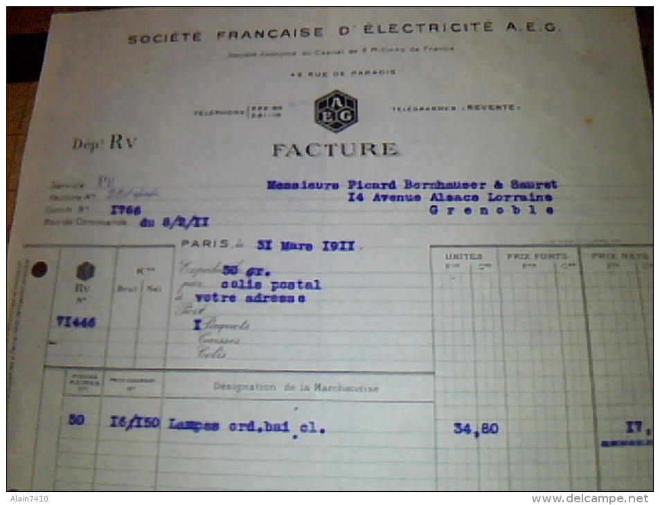 Vieux Papiers Facture Societe Francaise D Electricite Aeg A Paris Rue De Paradis Annee 1911 - Autres & Non Classés