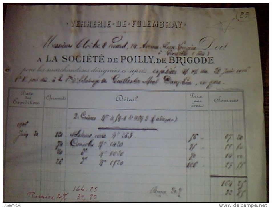 Vieux Papiers Facture Verrerie De Folemray Societe De Poilly De Brigode Annee 1906 - Autres & Non Classés