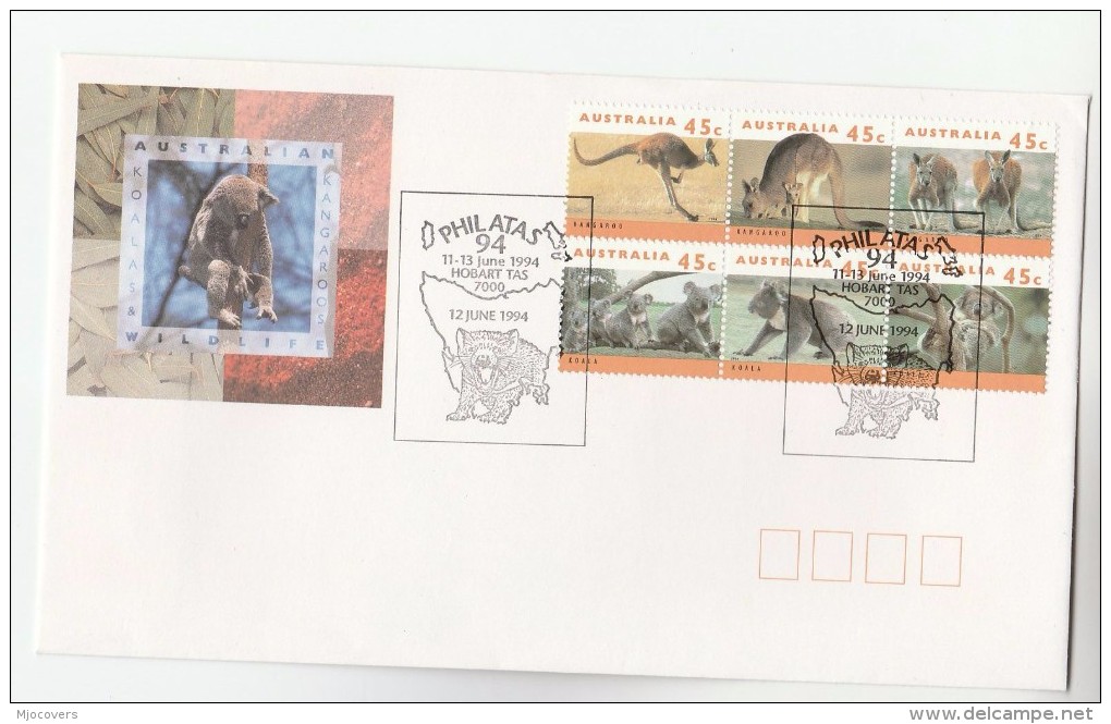 1995 AUSTRALIA Special EVENT COVER PHILATAS Franked BLOCK 6 X WILDLIFE Stamps KOALA BEAR KANGAROO - Storia Postale