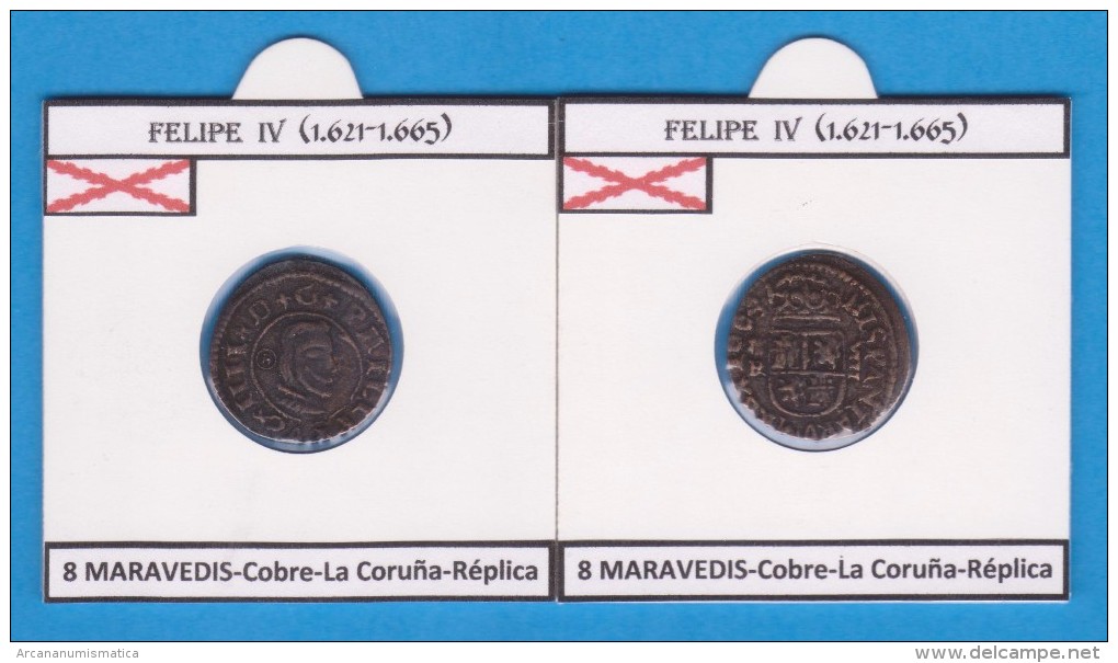FELIPE IV (1.621-1.665) 8 MARAVEDIS Cobre La Coruña Réplica  T-DL-11.790 - Monedas Falsas