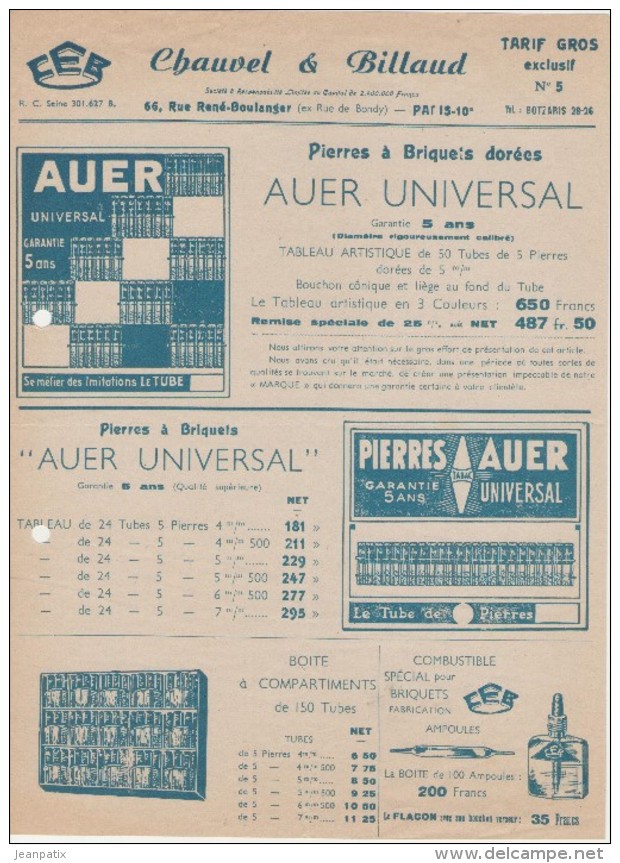 Lettre Tarif   -  Ets CHAUVEL & BILLAUD - 66 Rue René Boulanger PARIS (10ème) -  Pierre à Briquets - 1900 – 1949