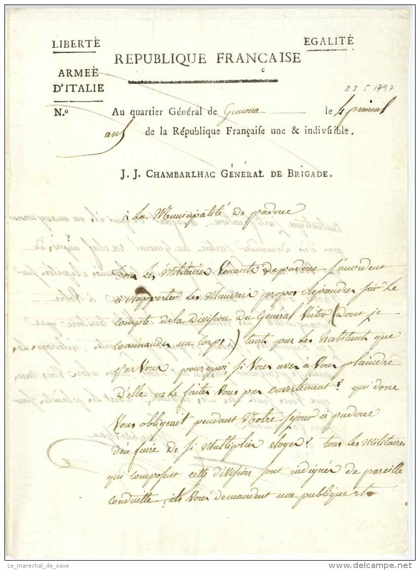 ARMEE D'ITALIE - J.A. De CHARMBARLHAC DE LAUBESPIN (1754-1826) - General - Gemona 1797 - Marengo Padova - Historical Documents