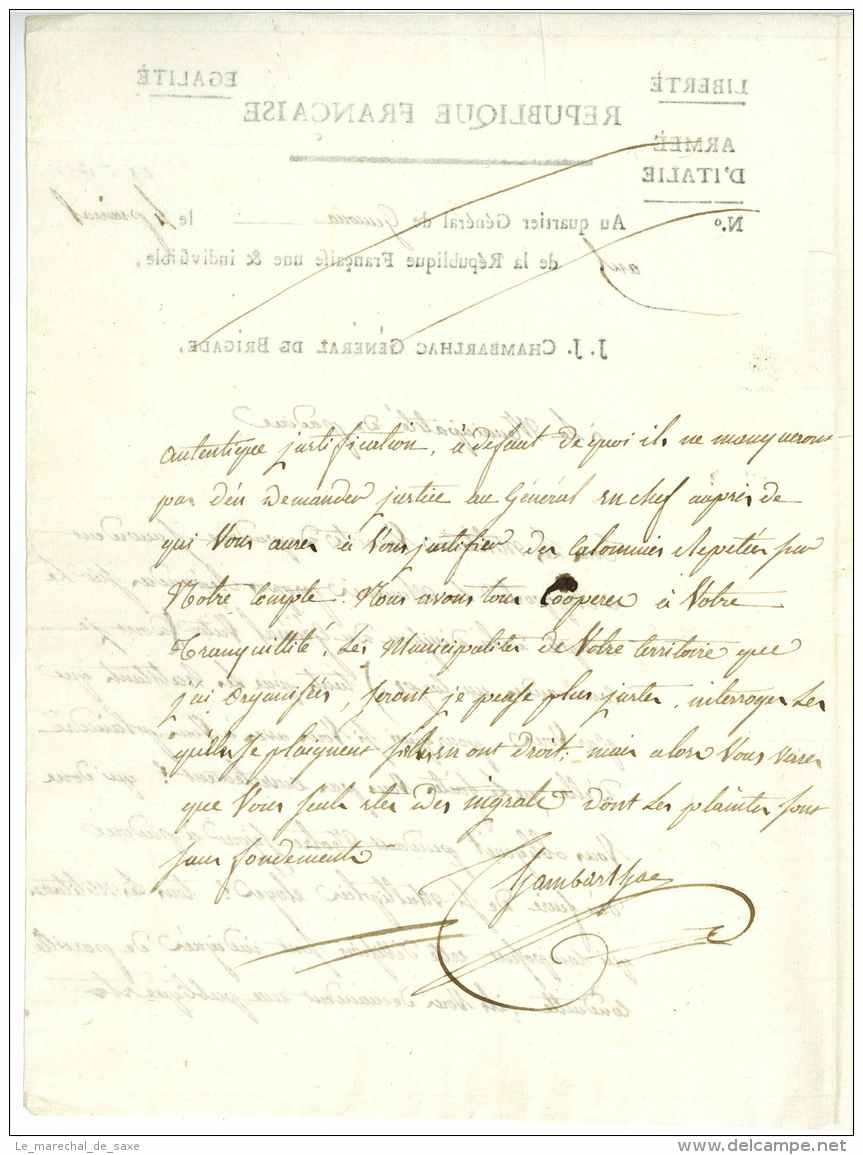 ARMEE D'ITALIE - J.A. De CHARMBARLHAC DE LAUBESPIN (1754-1826) - General - Gemona 1797 - Marengo Padova - Historical Documents