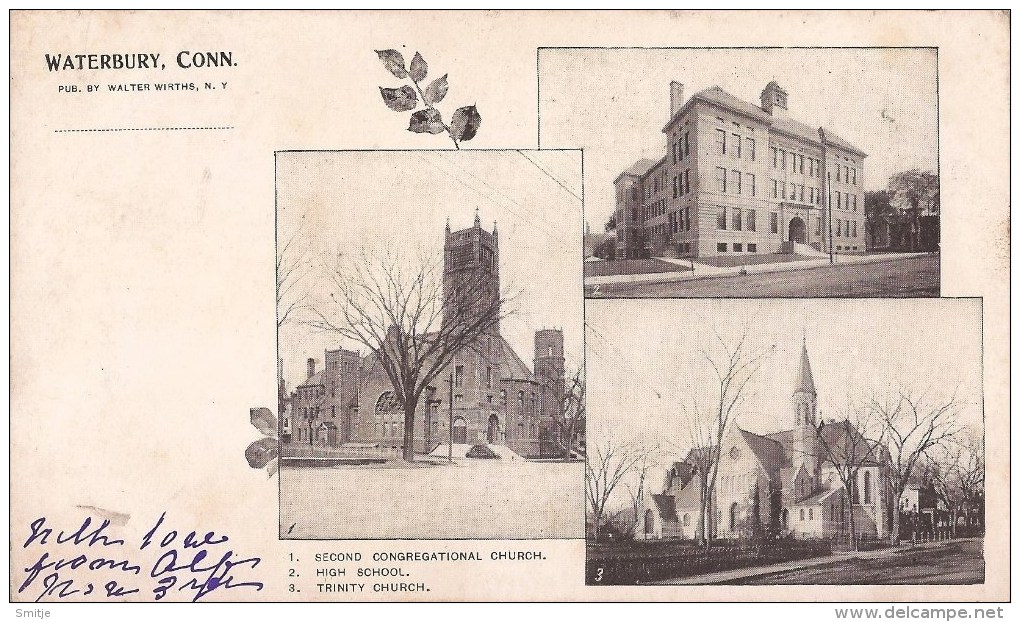 WATERBURY CONNECTICUT - OLD PRIVATE POSTCARD 1903 - HIGH SCHOOL - TRINITY AND SECOND CONGREGATIONAL CHURCH - 2 SCANS - Waterbury