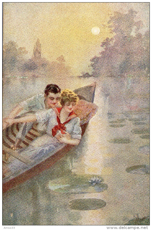 1916. CPA ITALIE ILLUSTRATEUR. COUPLE BARQUE ET NENUPHARS - Autres & Non Classés