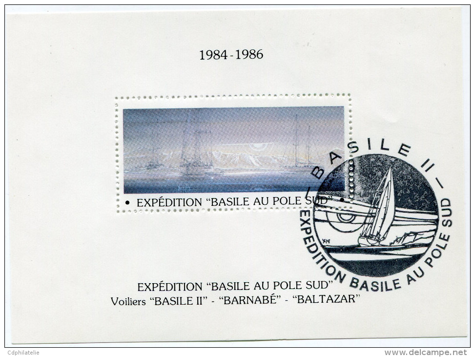 VIGNETTE EN BLOC-FEUILLET 1984-1986 EXPEDITION "BASILE AU POLE SUD AVEC CACHET ILLUSTRE "BASILE II EXPEDITION BASILE..." - Events & Commemorations