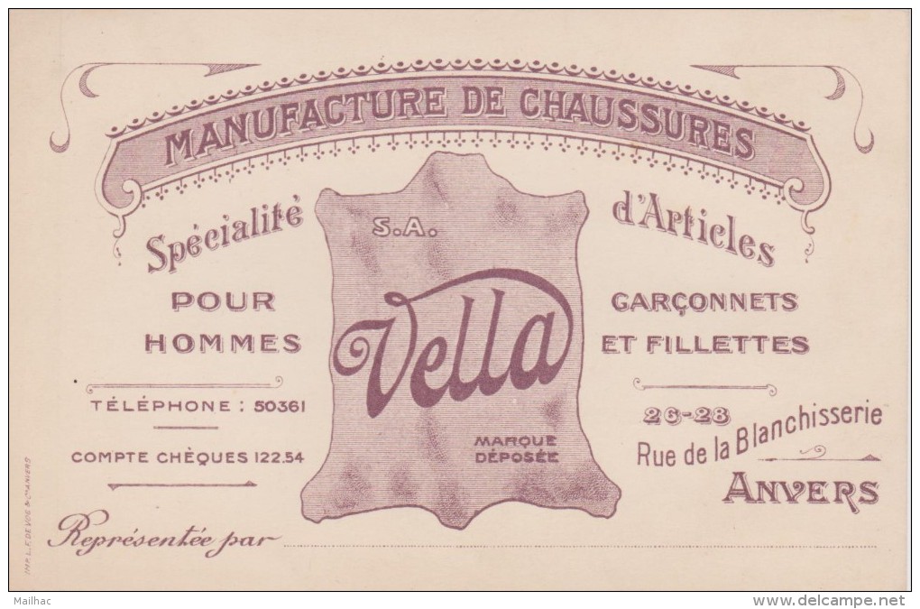 BELGIQUE - PUB - ANVERS - Manufacture De Chaussures S.A. Vella (Marque Déposée) - Cartes De Visite