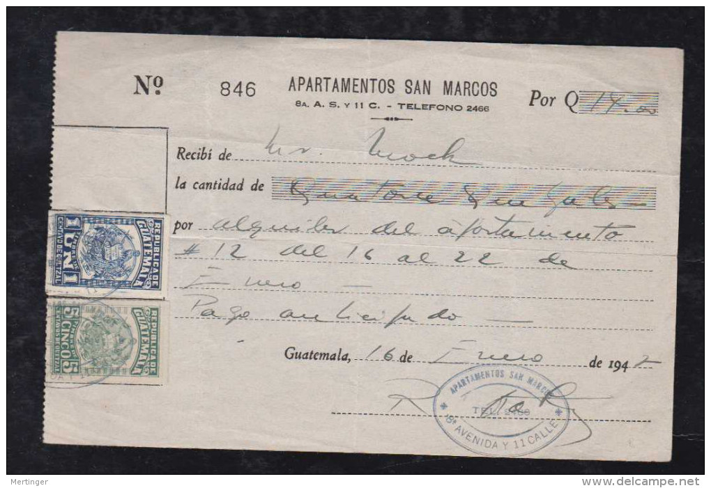 Guatemala 1947 Receipt With Revenue Stamps Apartamentos San Marcos - Guatemala