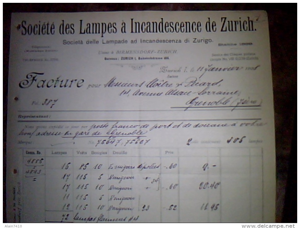 Vieux Papiers Facture  Societe Des Lampes A Incandescence De Zurich Suisse Annee 1908 - Suiza