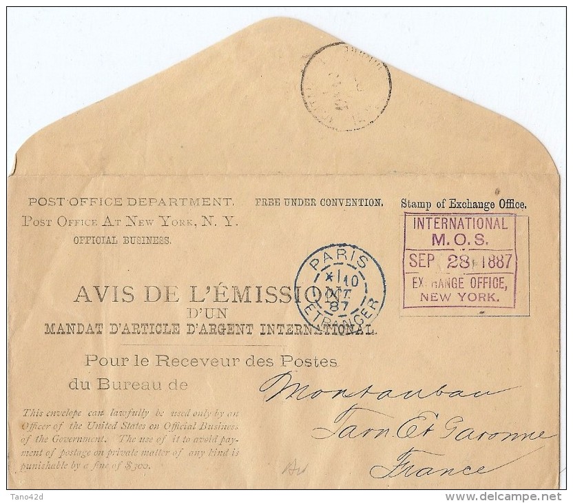 LCIRC6 - ETATS UNIS ENVELOPPE DE SERVICE VOYAGEE OCTOBRE 1887 - Marcophilie