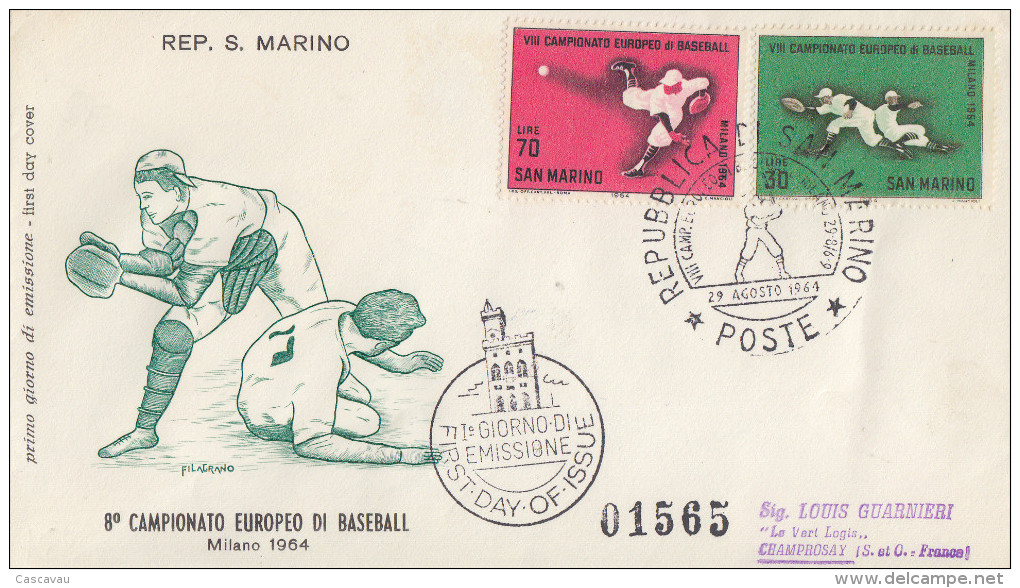 Enveloppe  FDC  1er  Jour  SAN  MARINO    Championnat  D' Europe  De  BASE -  BALL   MILANO   1964 - Base-Ball