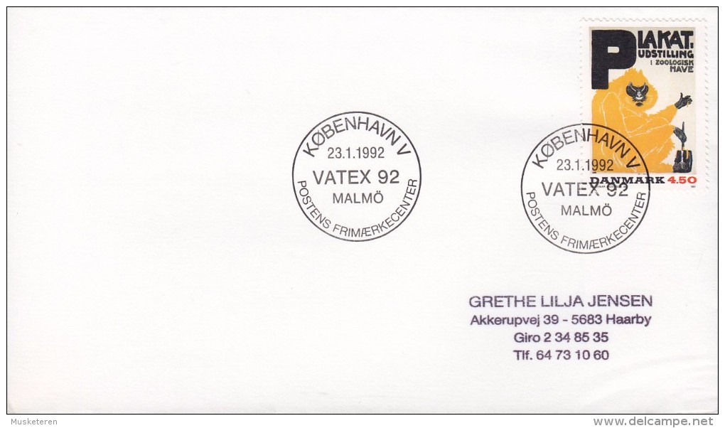 Denmark Sonderstempel KØBENHAVN V. 1991 Cover Brief VATEX Malmö Sweden Poster Art Stamp Zoo Monkey Affe - Briefe U. Dokumente