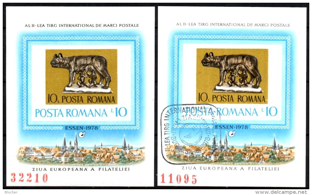 Messe Essen 1978 Rumänien Block 155 **/o 24€ Stamp On Stamp 3274 Romulus/Remus Hb CEPT Philatelic EXPO Sheets Bf ROMANIA - Gebraucht